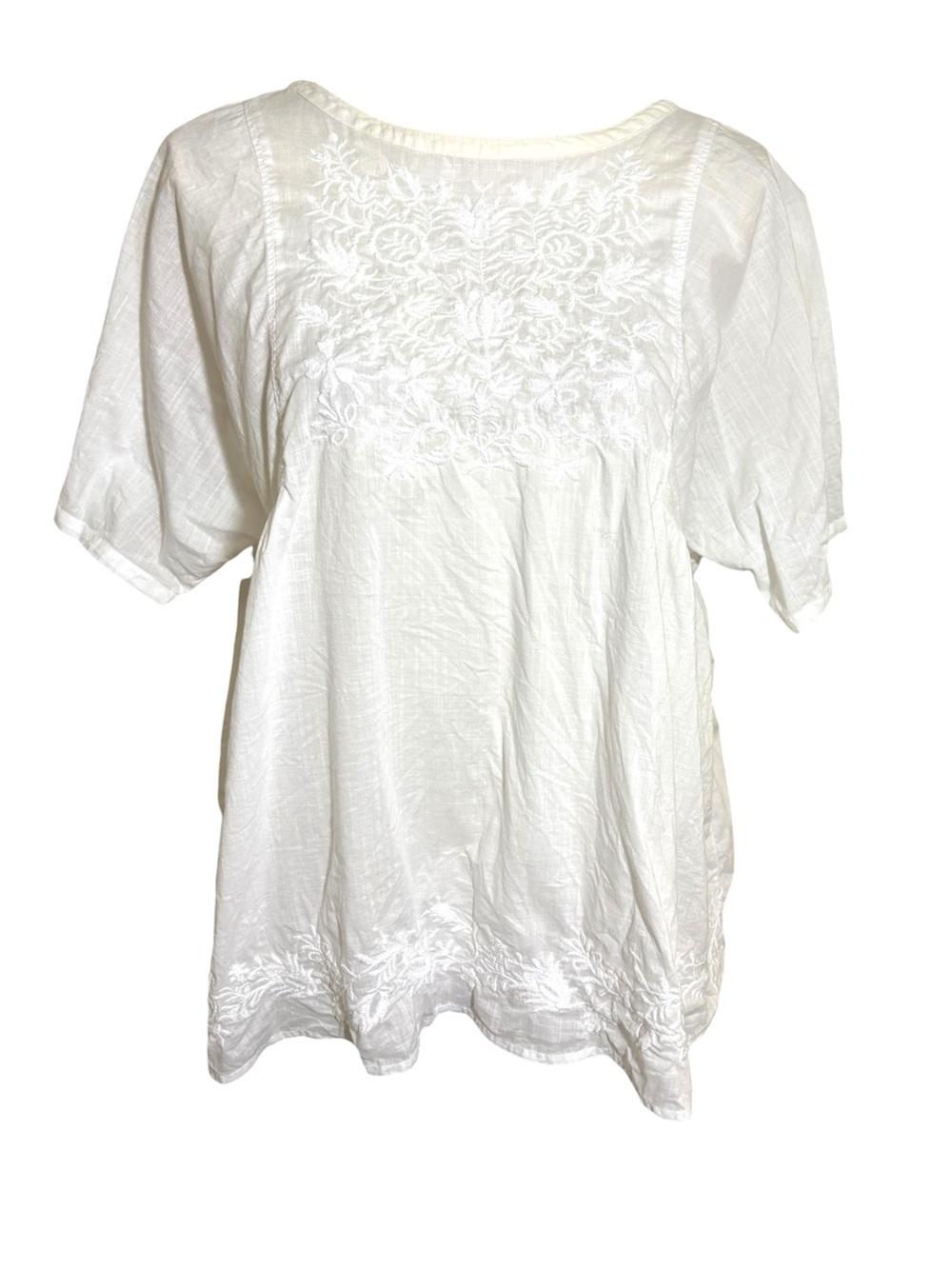 Uniqlo White Cotton Embroidered Summer Short Sleeve Relaxed Fit Blouse Sz Medium - Picture 2 of 8